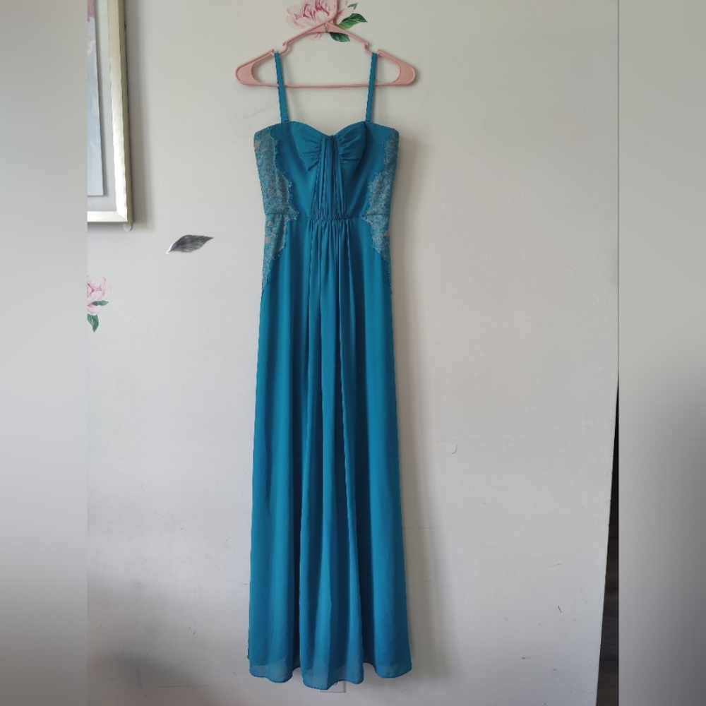 BCBG Maxazria Zipper Pleated Maxi Teal/Nude Lace Formal Prom Bridesmaid Dress